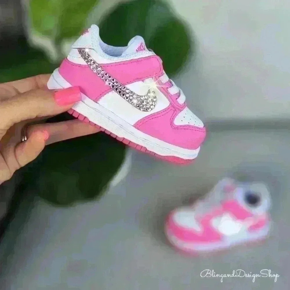 Bling Nike Girls Dunk Low Baby Toddler Pink Sneakers Shoes Custom with Crystals